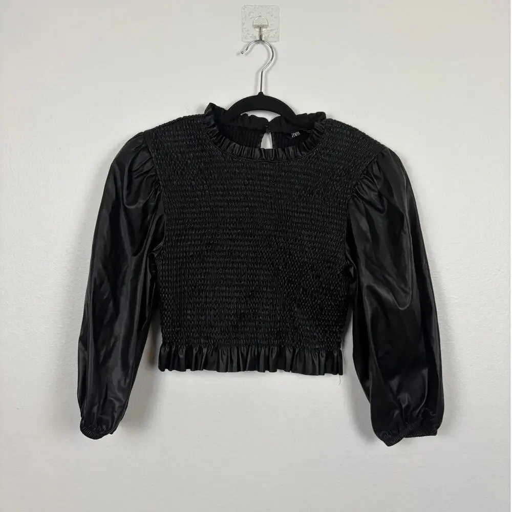 Zara Smocked Balloon Sleeve Ruffle Neck Faux Leather Cropped Blouse Large